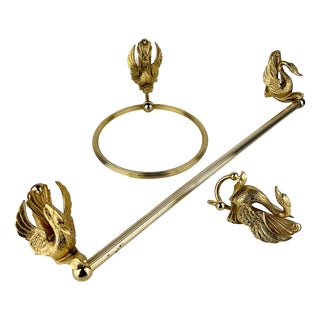 Hollywood Regency French Gold Tone Swan Bathroom Set, Bathroom Towel Ring, Towel Rail, and Wall Hook, 1970s, Set of 3 For Sale