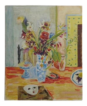 Jules Cavailles -Still Life of Flowers and a Mask -Study Oil Painting-1956