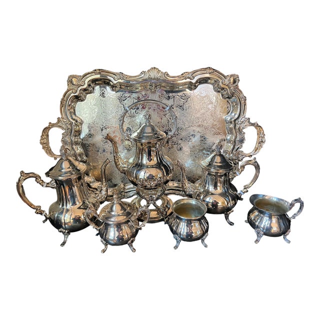 1980s Beautiful Silverplated Coffee/Tea Set With Ornate Tray - 7 Pieces For Sale