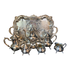 1980s Beautiful Silverplated Coffee/Tea Set With Ornate Tray - 7 Pieces