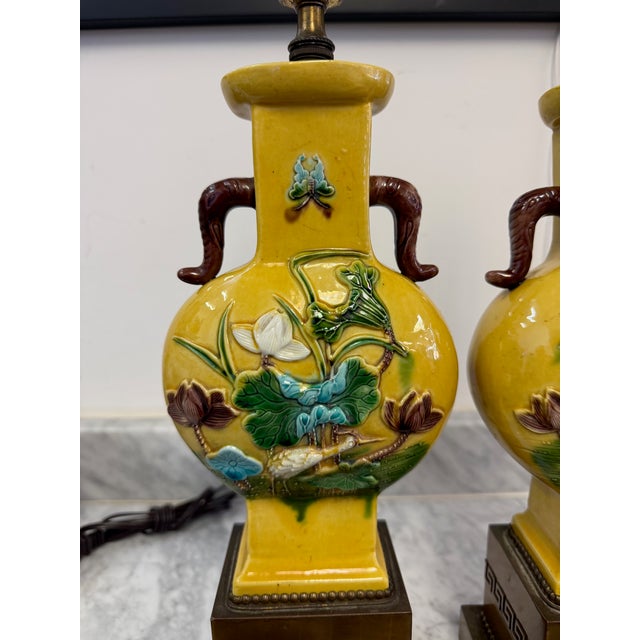 1940s Pair of Chinese Yellow Porcelain Lamps W/Lotus & Crane Motif, Brass Greek Key For Sale In Philadelphia - Image 6 of 6