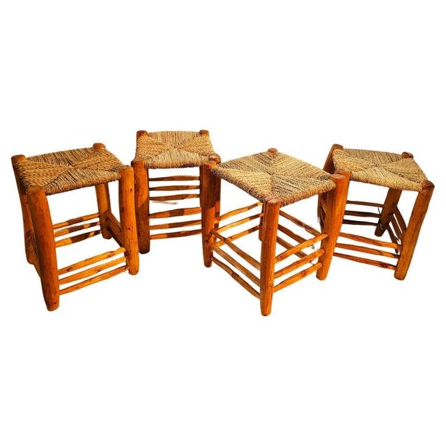 Rustic Set of 4 Hand Carved Stools W/ Hand Woven Sea Grass Seats For Sale - Image 3 of 9