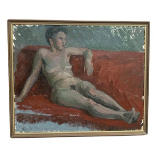 Vilhelm Blomquist, Reclining Lady on Red Couch, 1960s, Oil on Panel, Framed For Sale