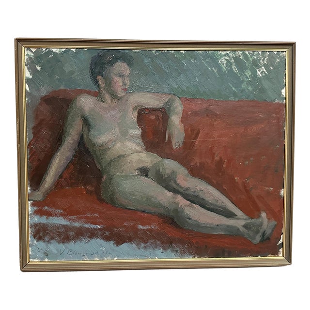Vilhelm Blomquist, Reclining Lady on Red Couch, 1960s, Oil on Panel, Framed For Sale
