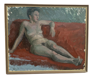 Vilhelm Blomquist, Reclining Lady on Red Couch, 1960s, Oil on Panel, Framed