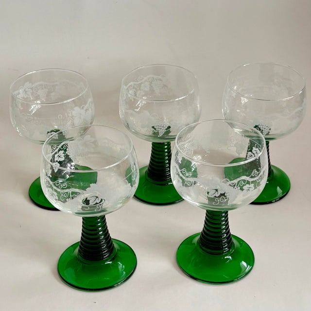 Vintage French Luminarc Roemer Green Stem Wine Glasses – Set of 5 For Sale - Image 4 of 10