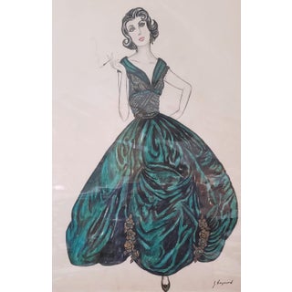 1958 Large Mid-Century French Fashion Drawing-Watercolor, Matted For Sale