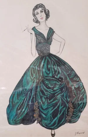 1958 Large Mid-Century French Fashion Drawing-Watercolor, Matted