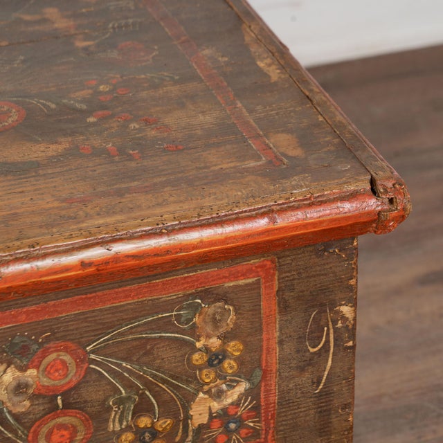 19th Century Hungarian Flat Top Original Hand Painted Pine Trunk For Sale - Image 9 of 15
