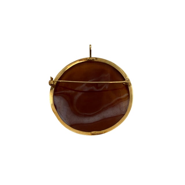 1940s Antique 18k Gold Cameo Pendant, Woman With Pearls and Bird, Circa 1940 For Sale - Image 5 of 6