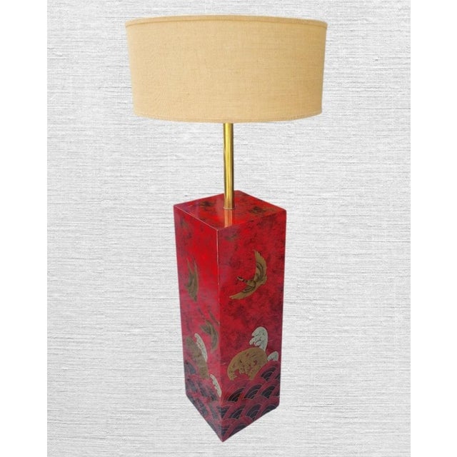 1980s Rare Vintage Chinoiserie Red Lacquered Pedestal Bird Floor Lamp With Huge Linen Shade For Sale - Image 5 of 12