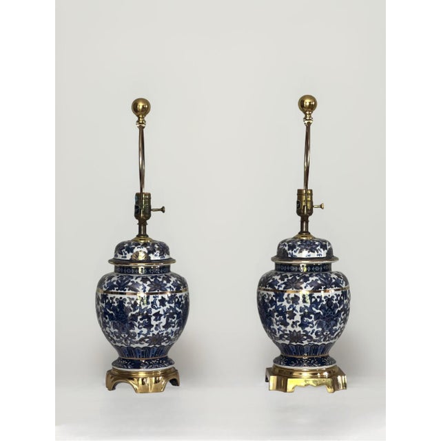 1980s Pair of 1980s Blue and White Ginger Jar Table Lamps With Bronze Mounts and Gilt by Speer For Sale - Image 5 of 12