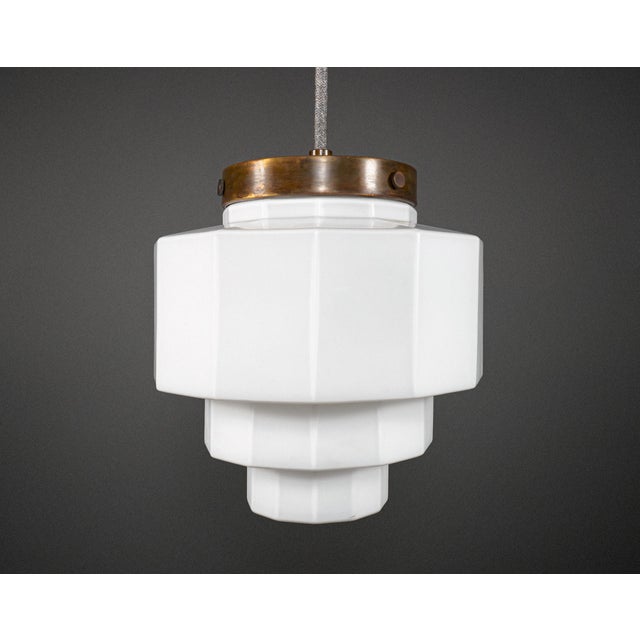 English Art Deco Stepped Opaline Glass Pendant Lamp, 1930s For Sale - Image 4 of 4