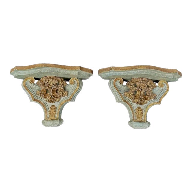 Vintage Gilded Aqua Wall Brackets-a Pair For Sale