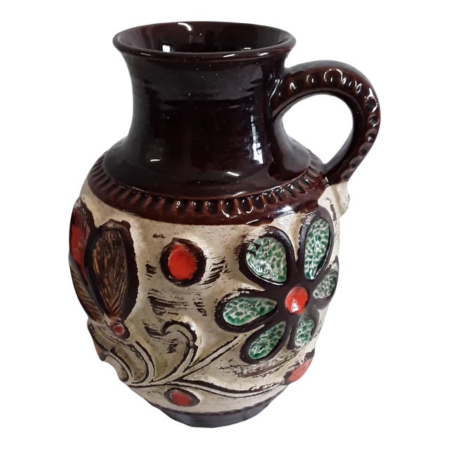 Vintage German Beige and Brown Ceramic Vase with Colored Flower Decor from Bay Keramik, 1990s For Sale