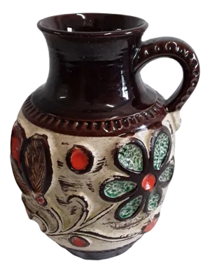 Vintage German Beige and Brown Ceramic Vase with Colored Flower Decor from Bay Keramik, 1990s