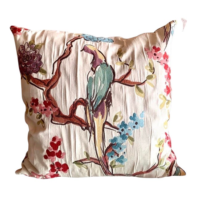 Bird on a Branch Large 22” Square Botanical Woven Watercolor Pillow For Sale