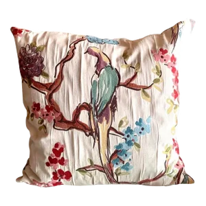 Bird on a Branch Large 22” Square Botanical Woven Watercolor Pillow