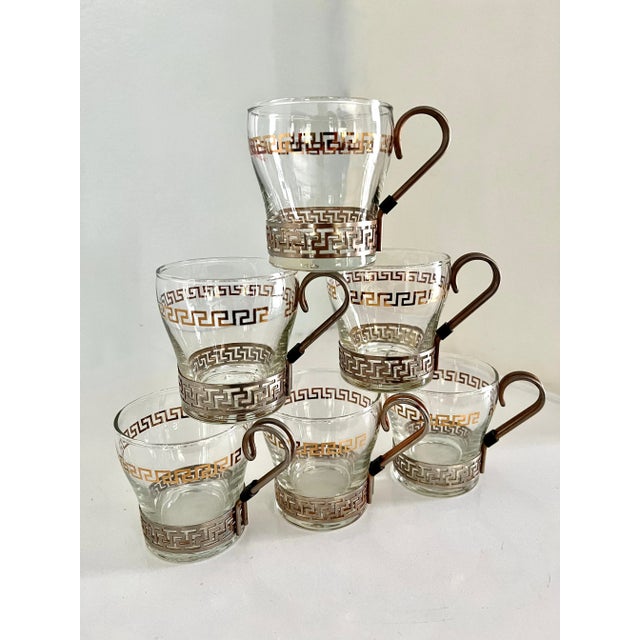 Glasses in Copper Holder with Greek Key Details - Set of 6 For Sale - Image 10 of 13