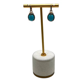 Blue Teal Turquoise Diamonds Halo 14k Yellow Gold Statement Huggie Earrings, A Pair For Sale