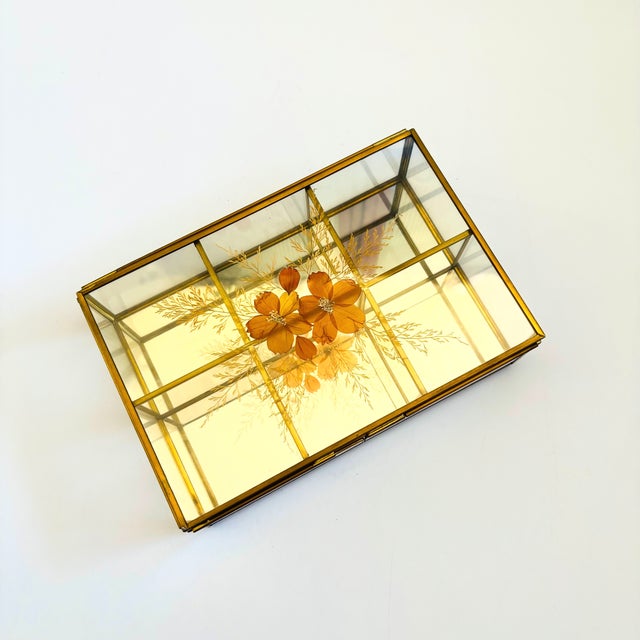 A vintage brass and glass divided box. Features a pressed dried flower arrangement in the lid. A single hinged door with a...