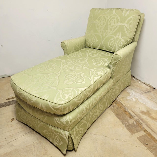 Very solid and sturdy, custom upholstered, chaise lounge with rolled arms. The cushions are upholstered on both sides, so...