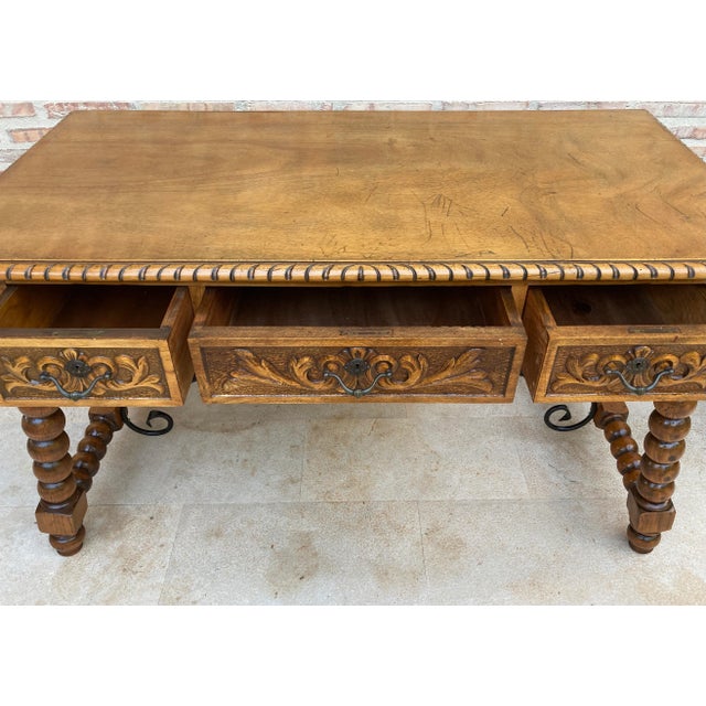 19th-Century French Hand Carved Oak Desk with Iron Stretcher & Solomonic Legs For Sale - Image 10 of 18