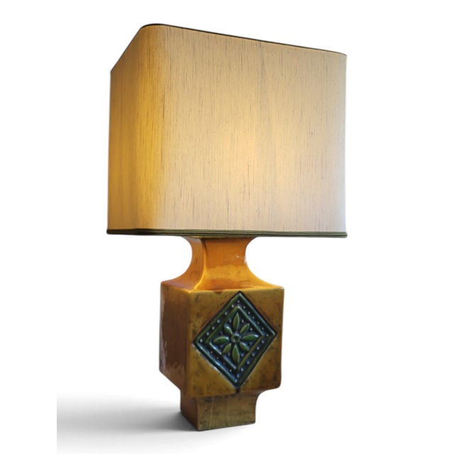 Vallauris Mustard Yellow Glazed Ceramic Lamp with Floral Diamond Pattern, Vallauris, France, 1960s For Sale - Image 4 of 13