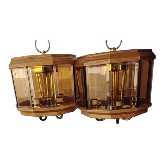 1960s Oakwood, Brass, and Etched Glass Artwork Five Light Chandeliers - a Pair For Sale