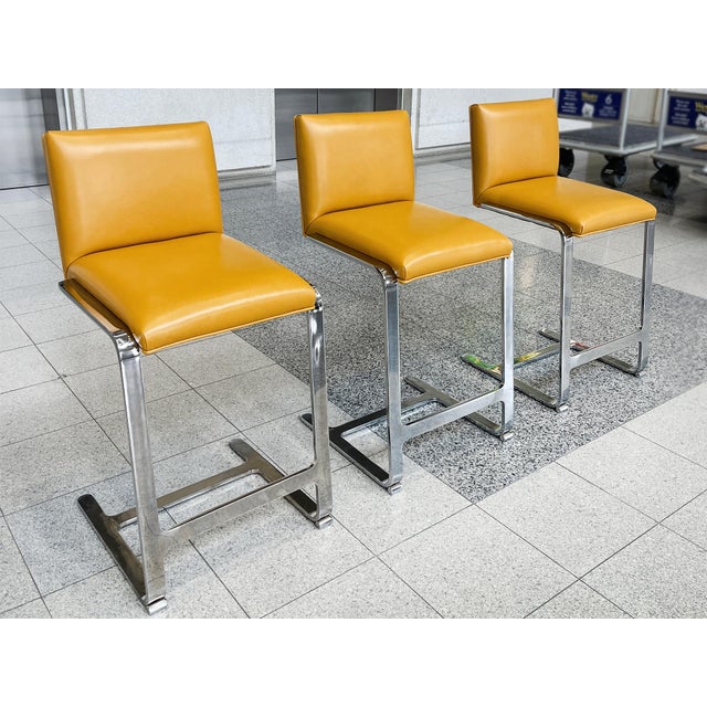 Modern Mies Van Der Rohe Style Polished Steel & Yellow Leather Counter Stools - A Set of 3 For Sale - Image 3 of 12