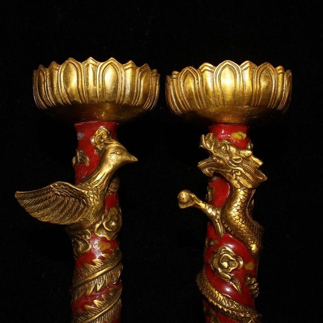 Chinese Vintage Pair of Cloisonne Candlesticks - Dragon & Phoenix Motif For Sale - Image 3 of 9