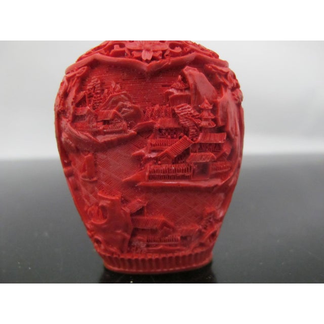 Red Vintage Chinese Carved Red Cinnabar Lacquer Village Scene Snuff Bottle For Sale - Image 8 of 11