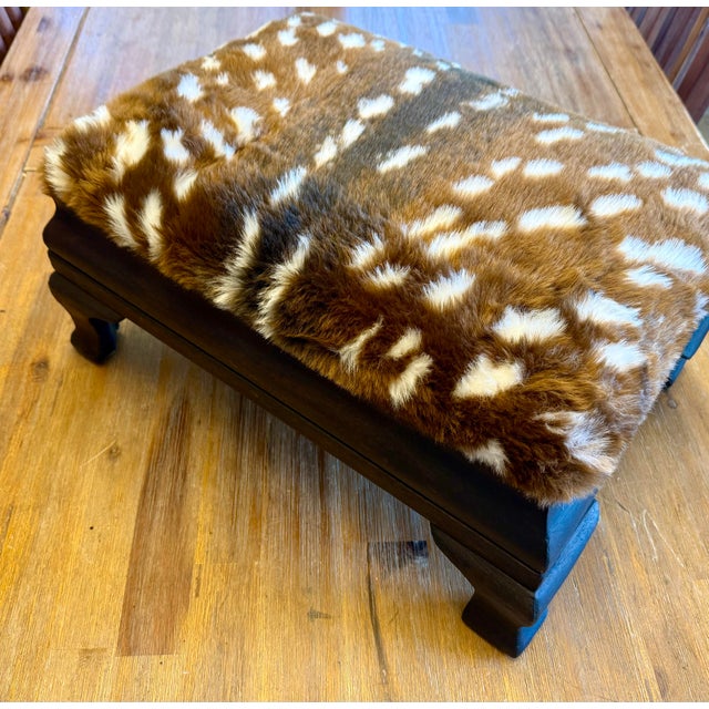 Mid 19th Century Faux Deer Hide Antique Footstool | Lodge Look | Cabin Decor Faux Fur Foot Rest | Farmhouse Stool Wood Legs For Sale - Image 11 of 11