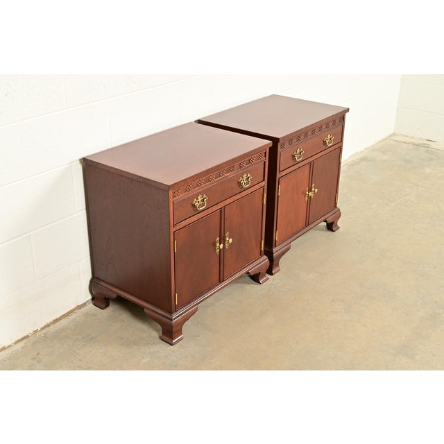Baker Furniture Company Baker Furniture Chippendale Carved Mahogany Nightstands, Newly Refinished For Sale - Image 4 of 15