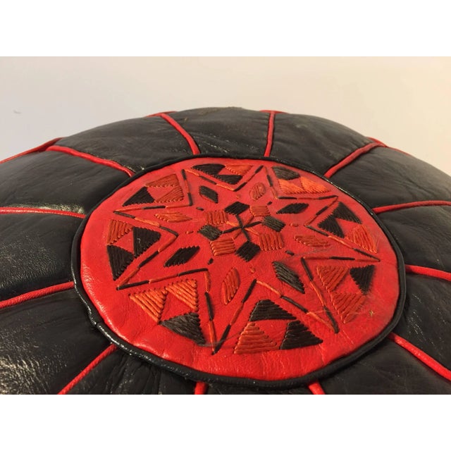 Moroccan Artist Moroccan Vintage Round Leather Pouf Red and Black For Sale - Image 4 of 8