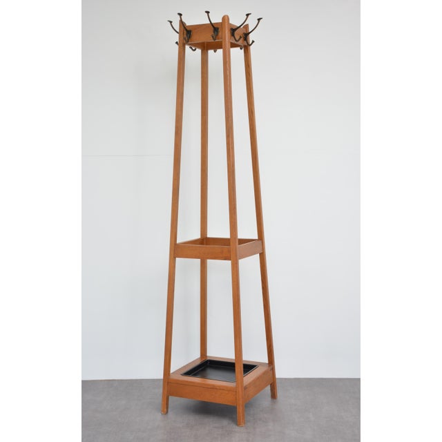 Mid-Century Modern Oak Coat Stand with Integrated Umbrella Holders and Drip Tray, 1950 For Sale - Image 18 of 18