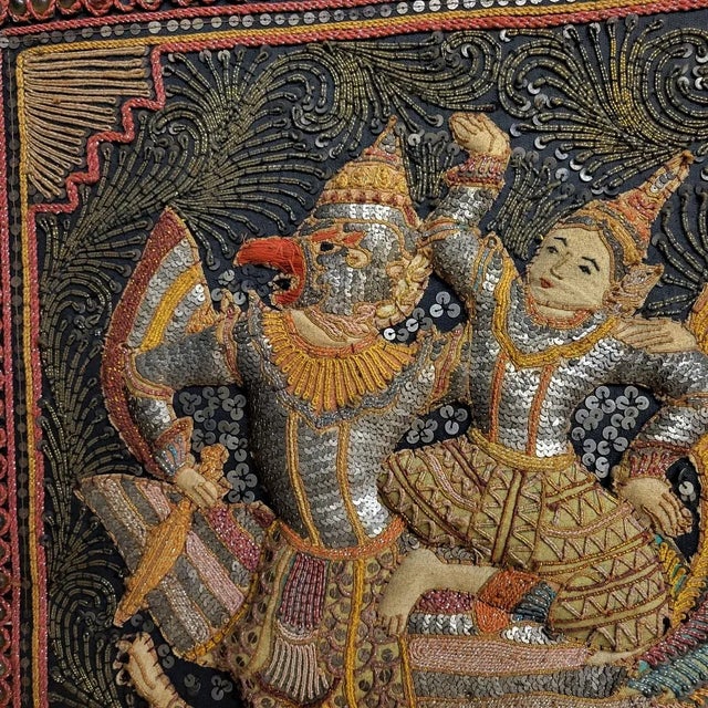 Folk Art Framed Antique Myanmar Thai Burmese Kalaga Padded Tapestry With Eagle Bird For Sale - Image 3 of 4