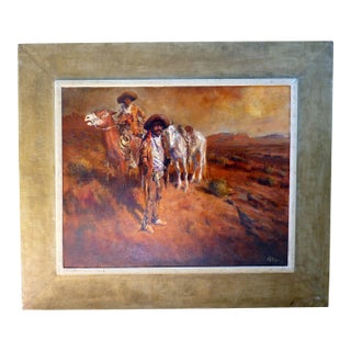 Large 1976 Buck McCain "Escaped" Cowboy Scene Oil on Canvas Original Western Frame, Signed & Inscribed Western Art For Sale