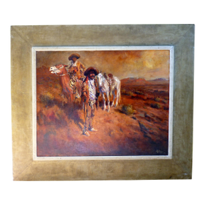 Large 1976 Buck McCain "Escaped" Cowboy Scene Oil on Canvas Original Western Frame, Signed & Inscribed Western Art