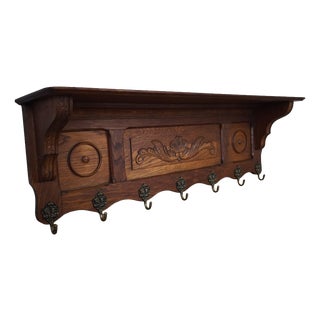 Vintage French Carved Oak 7-Hook Coat Rack For Sale