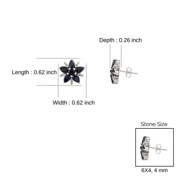 Blue Sapphire & Diamond Flower Earrings in Sterling Silver- Elegant Cluster Studs- A Pair For Sale - Image 9 of 13