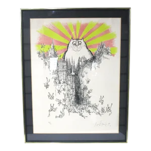 Ronald Searle Lithograph " Cat God " Pencil Signed Numbered