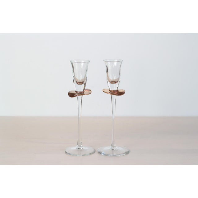 Glass 1980s Handblown Stemmed Cordial Glasses With Rose Copper Collar - a Pair For Sale - Image 7 of 9