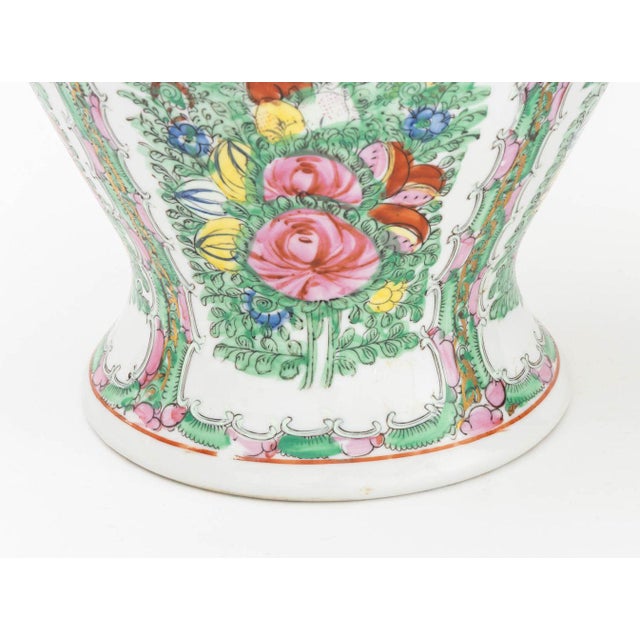 Green Pair of Vintage Asian Floral Painted Porcelain Covered Urns For Sale - Image 8 of 11