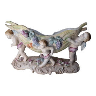 Antique German Porcelain Figural Centerpiece Bowl, of Dresden or Von Schierholz Styles, Hand-Painted Putti For Sale