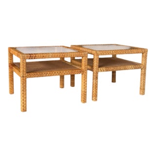 Vintage Organic Modern Rattan & Cane Side Tables With Glass Tops – Pair For Sale