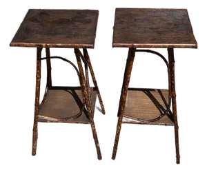 A Pair of 19th Century Matching Bamboo End Tables, Tortoise Coloring on Legs and Trim, Detailed Design Work, Rattan Covering the Bottom Shelves