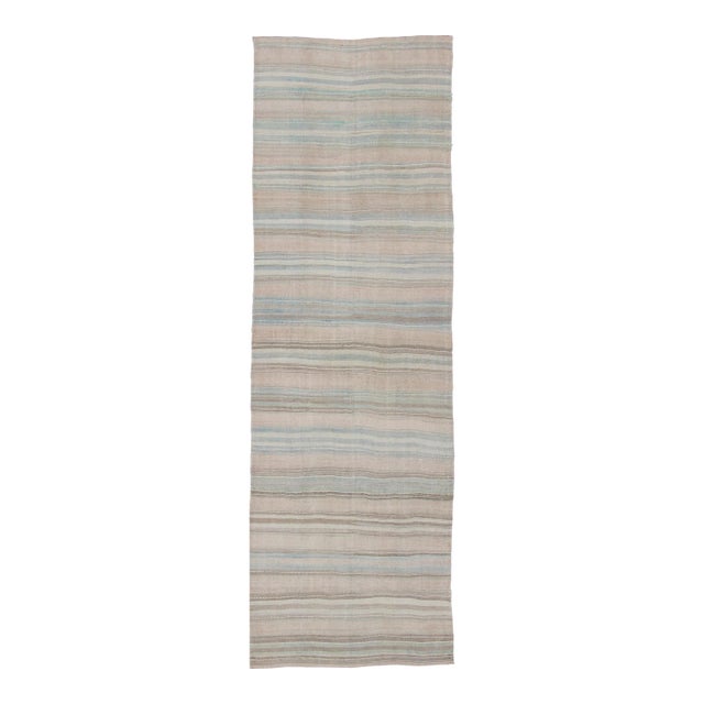 Striped Hand Woven Flat-Weave Vintage Turkish Kilim Wide Runner With Light Colors For Sale