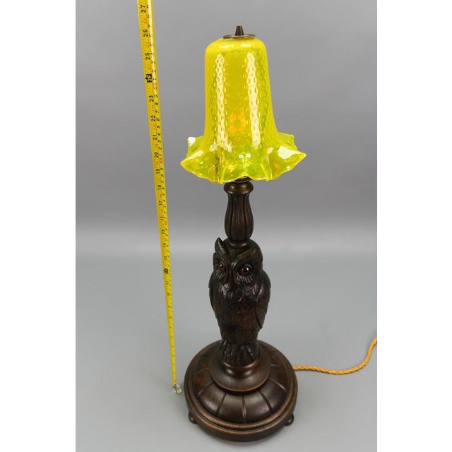 Art Deco Table Lamp with Owl Sculpture and Yellow Glass Lampshade, 1920s For Sale - Image 18 of 18