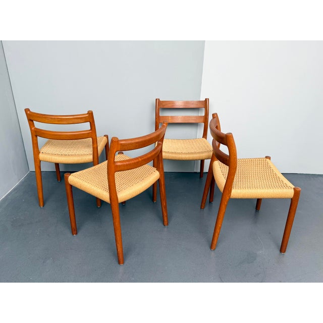 Model 84 Dining Chairs in Teak and Paper Cord by Niels Otto Møller for Jl Møllers, Denmark, 1970s, Set of 4, in Very Good...